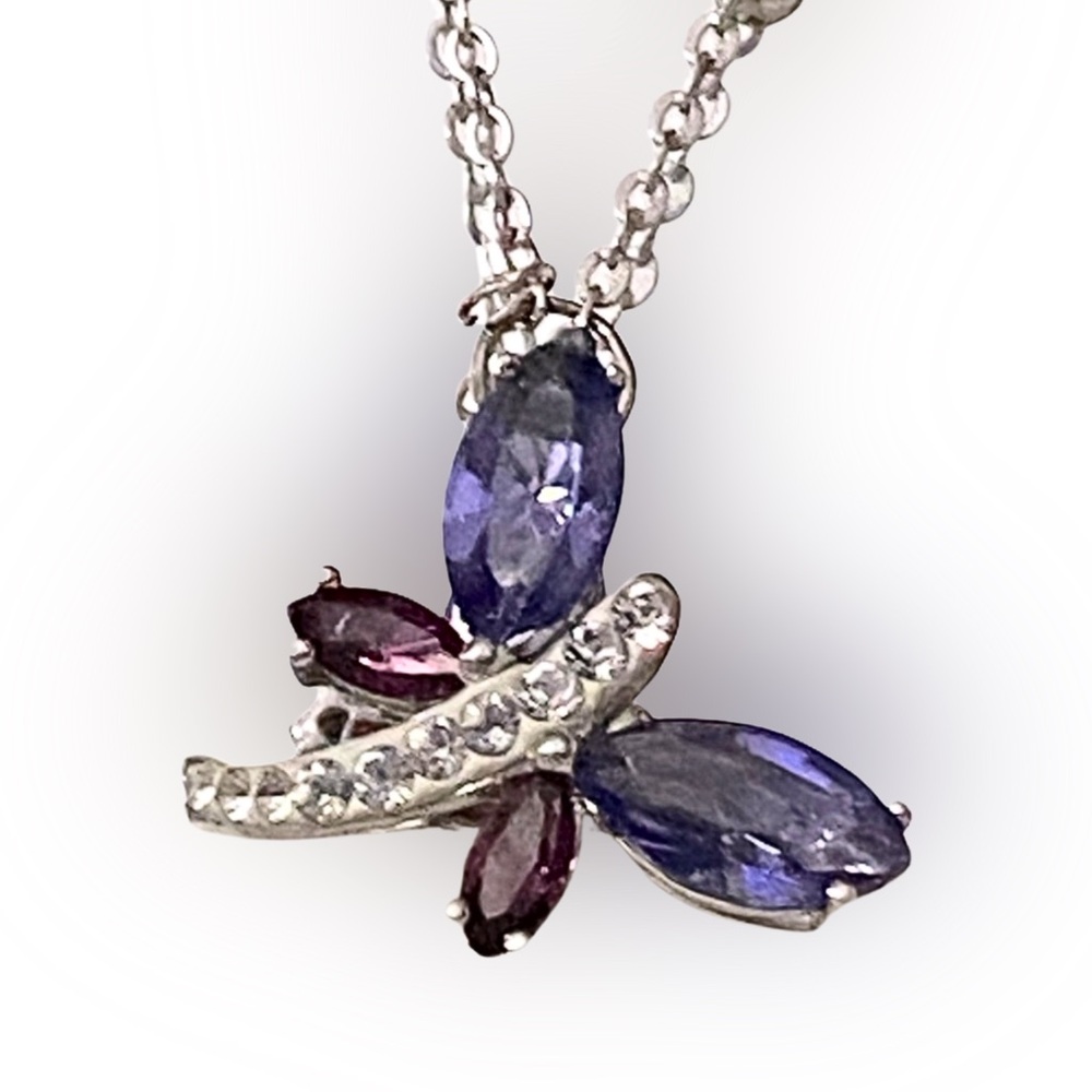 Purple Butterfly 925 Silver Dainty Pendant Necklace and Chain Signed AJ